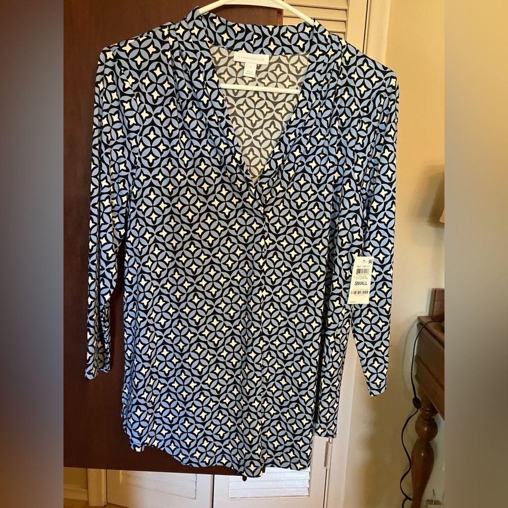 Macy’s Charter Club Blue and White Geometric Blouse